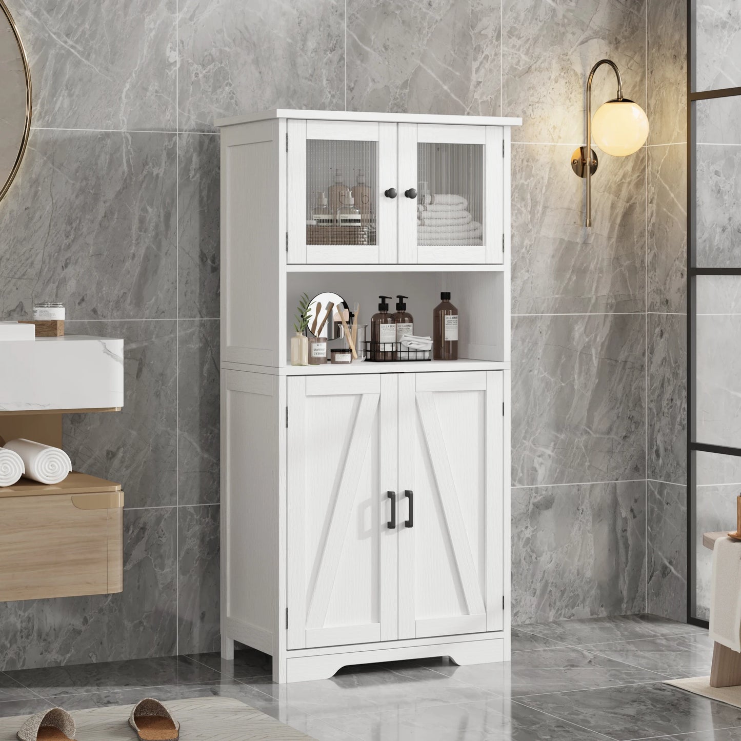 Free Standing Kitchen Pantry Cupboard with 4 Doors and Open Space 128cm Bathroom Tall Cabinet with Tempered Glass Doors