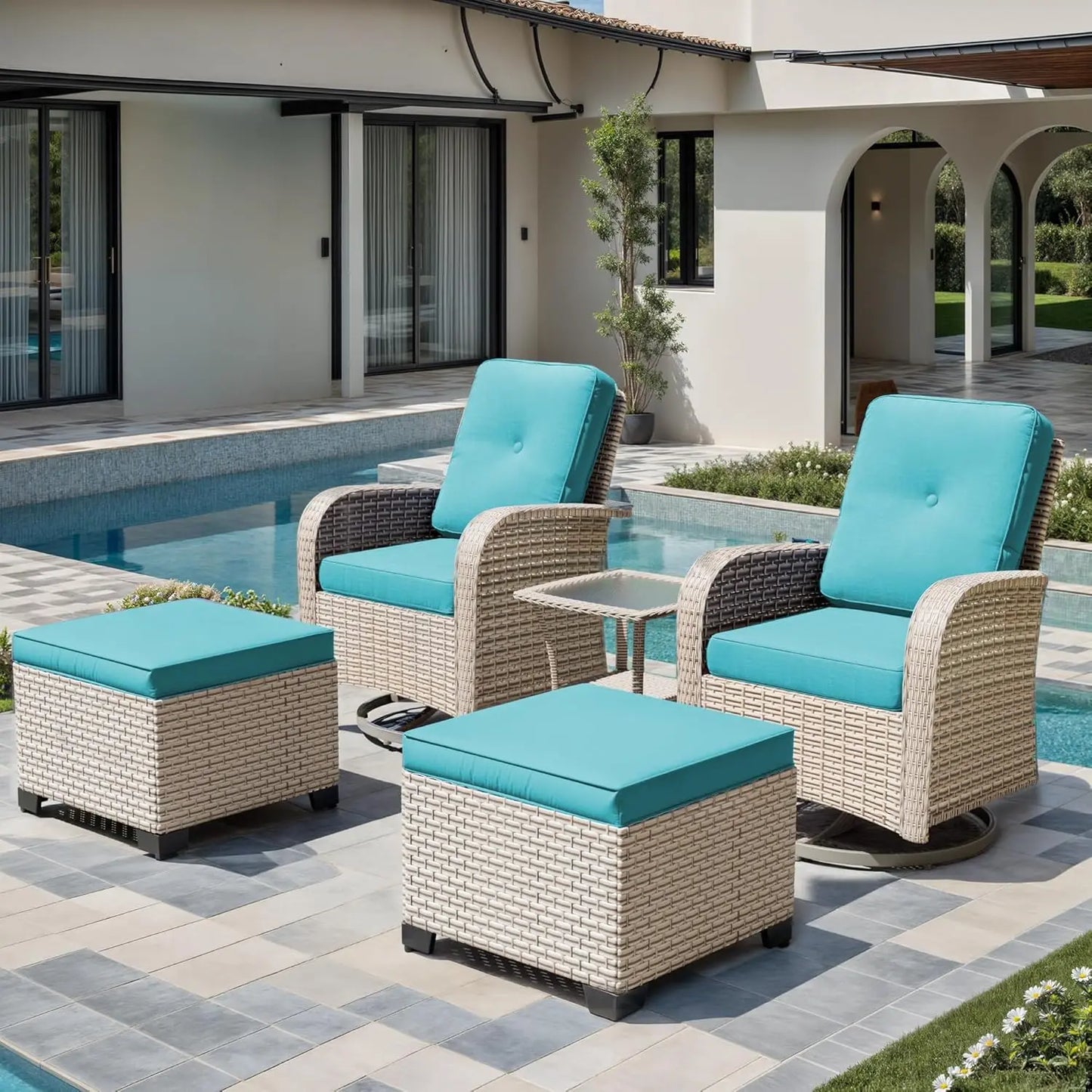 5 Pieces Patio Furniture Set with 2 Ottomans, Outdoor Swivel Glider Rocker Chairs with Rattan Side Table, Wicker, Customized