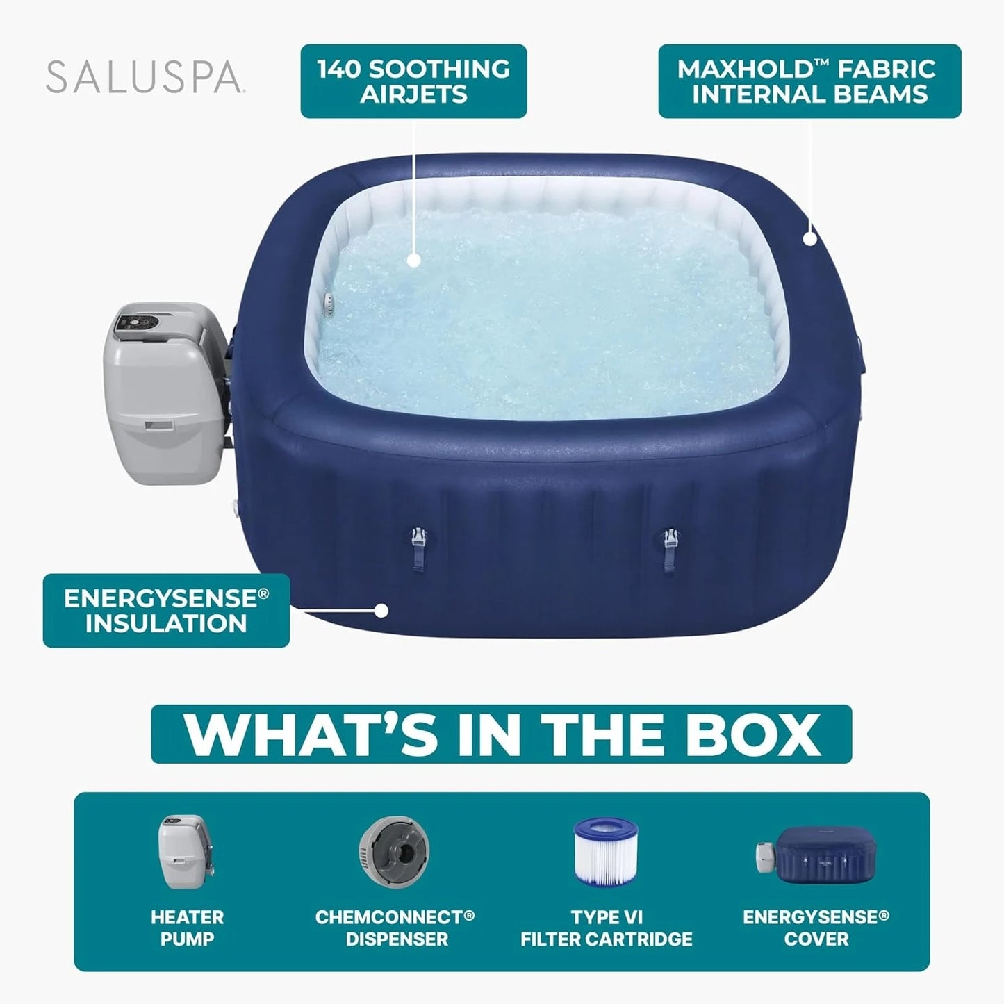 SaluSpa Hawaii 4 to 6 Person Inflatable Hot Tub, Square Energy-Efficient Portable Outdoor Spa with 140 AirJets, 71", Customized
