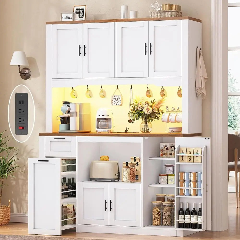 71 Inch Pantry Cabinet with Charging Station, LED Light, and Microwave Stand, 47.2 Wide Storage Cabinet with 3-Tier Cart for Kit