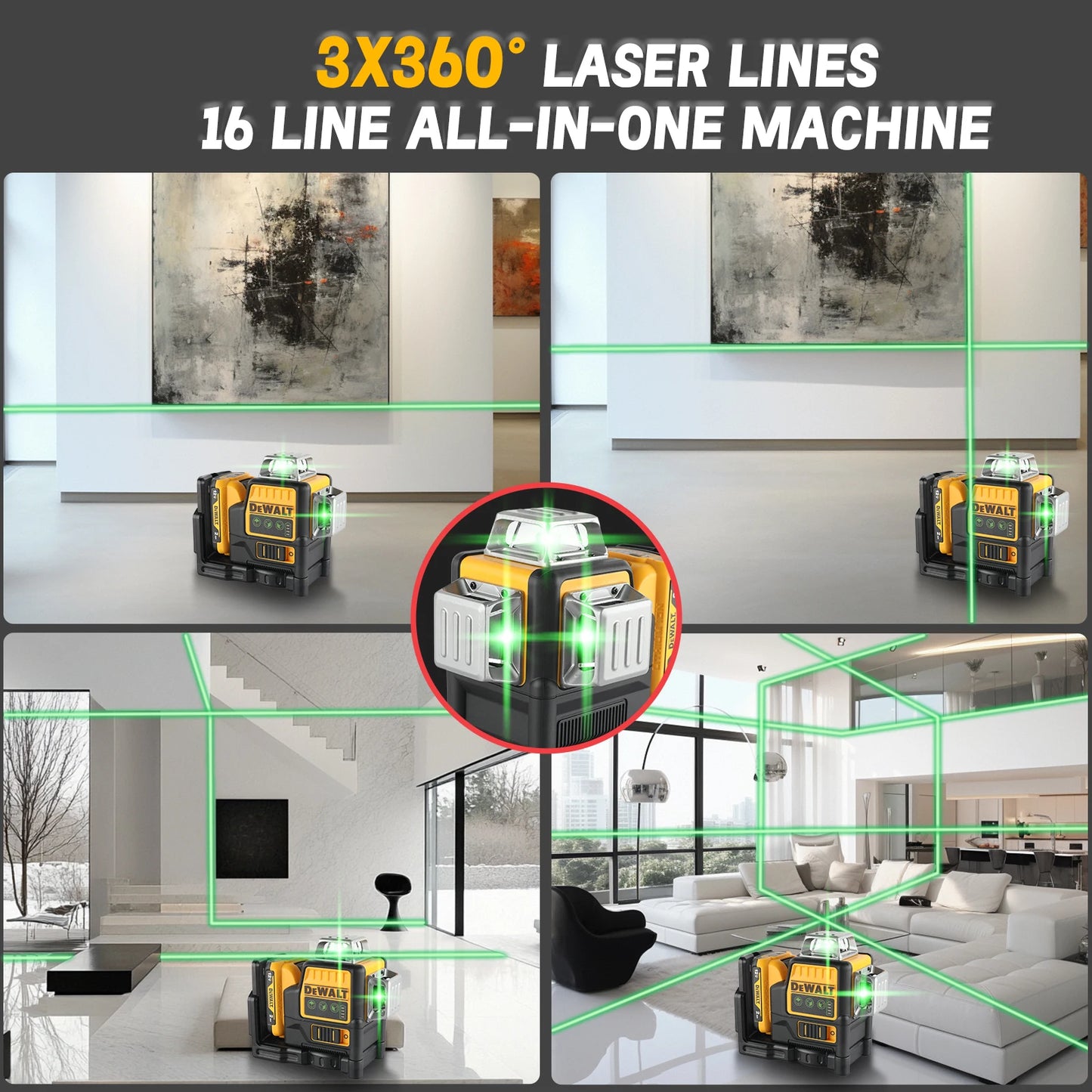 Dewalt DW089LG 12V Lithium Green Laser Level - 3 Sided 360° Vertical & Horizontal, 12 Line, Ideal for Indoor/Outdoor Projects