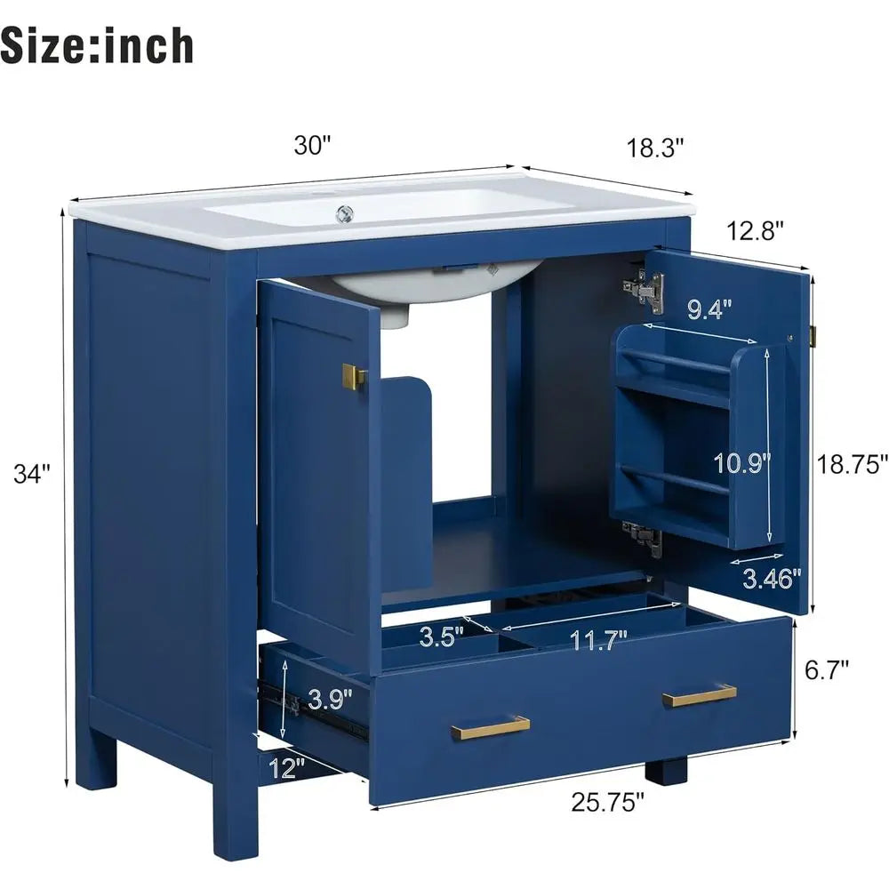 30 Solid Wood Blue Bathroom Vanity with Single Sink, Undermount Combo Cabinet, 2 Doors, Soft Close, Multifunctional Storage