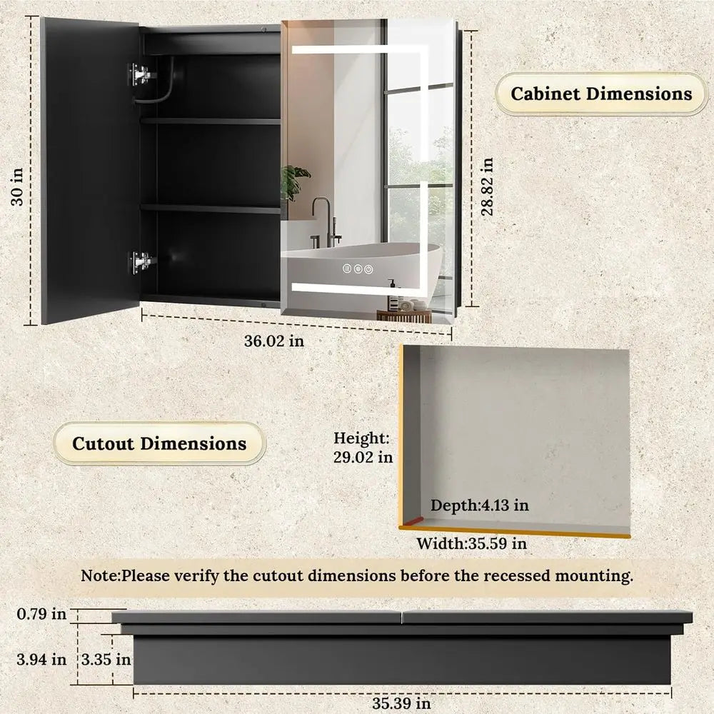 36"X30" Bathroom Medicine Cabinet with Mirror, LED Lighted Medicine Cabinet with Anti-og, 3 ColTemperature SteplDimmable, Metal