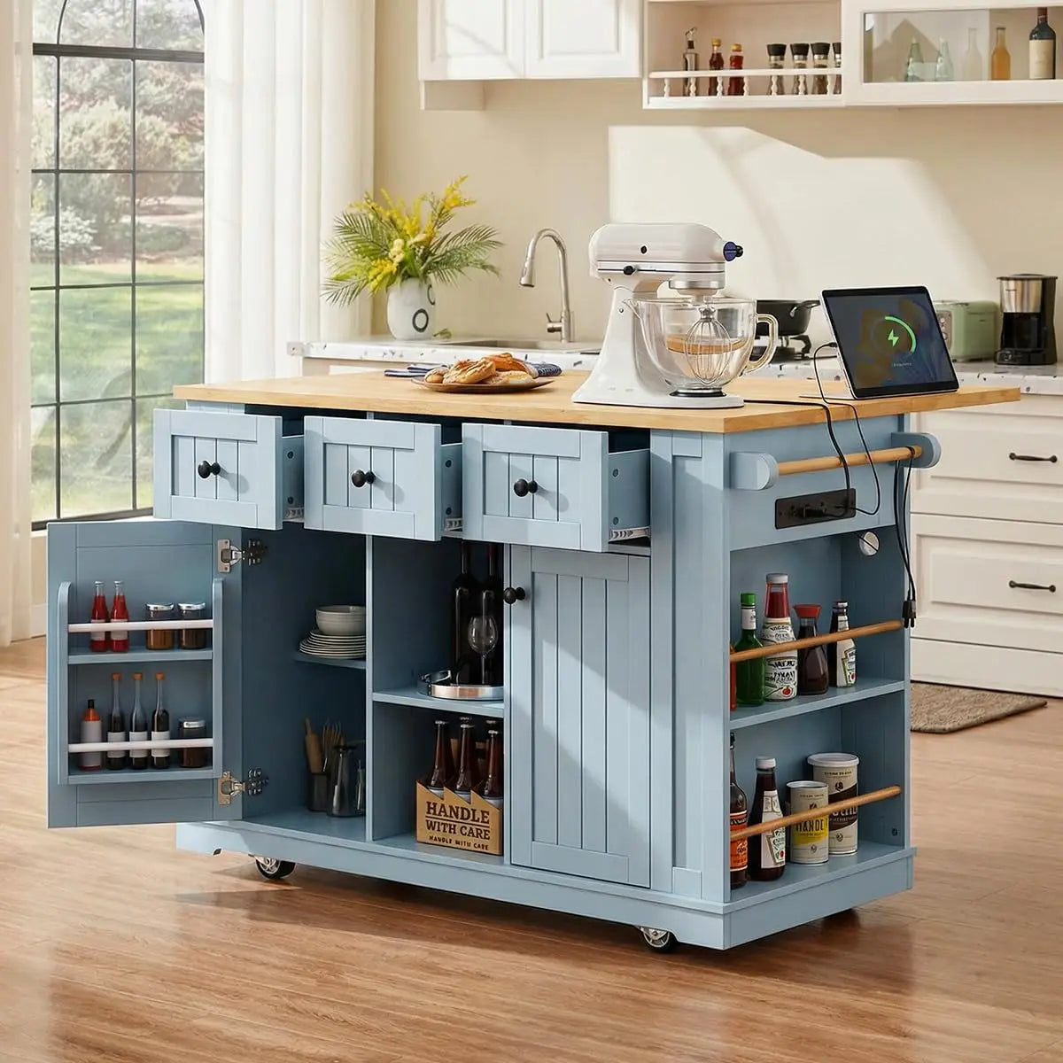 Mobile Rolling Kitchen Island Drop Leaf Storage Cabinets Power Outlet Seating 2 Bar Stools Large Table, Customized
