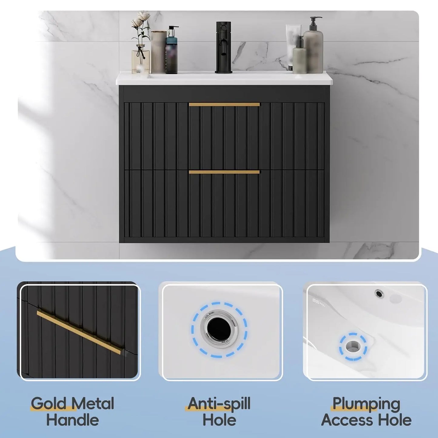 24'' Floating Bathroom Vanity Cabinet Sink Combo 2 Big Drawers Metal Handles Black, Customized