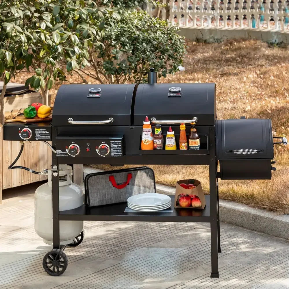 Gas and Charcoal Grill Combo with Offset Smoker amp Side Burner, 34,000 BTU Dual Fuel Grill, 1020 Sq. In. Cooking Area, Ideal f