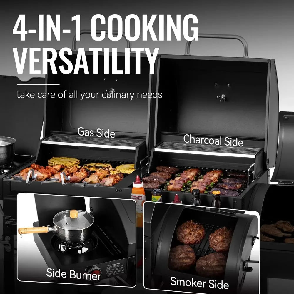 Gas and Charcoal Grill Combo with Offset Smoker amp Side Burner, 34,000 BTU Dual Fuel Grill, 1020 Sq. In. Cooking Area, Ideal f