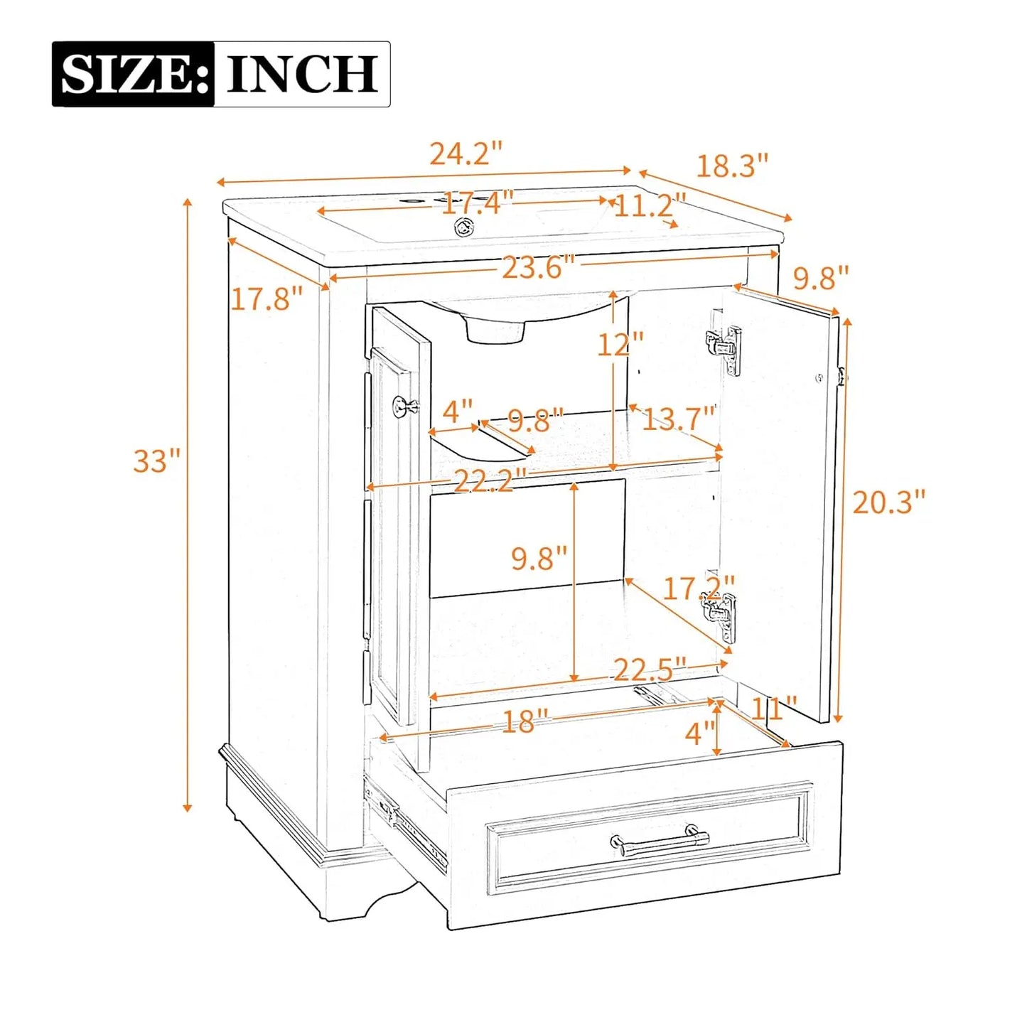24in Wood Bathroom Vanity Cabinet with Ceramic Sink Adjustable Shelf Drawer, Customized