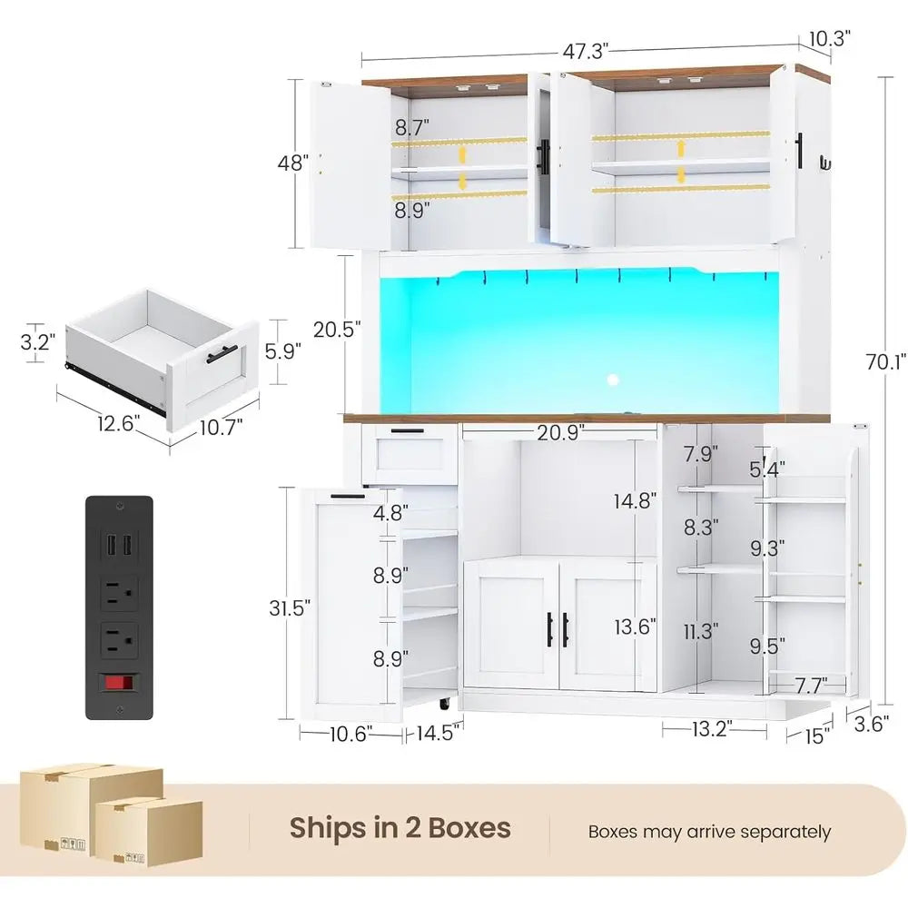 71 Inch Pantry Cabinet with Charging Station, LED Light, and Microwave Stand, 47.2 Wide Storage Cabinet with 3-Tier Cart for Kit