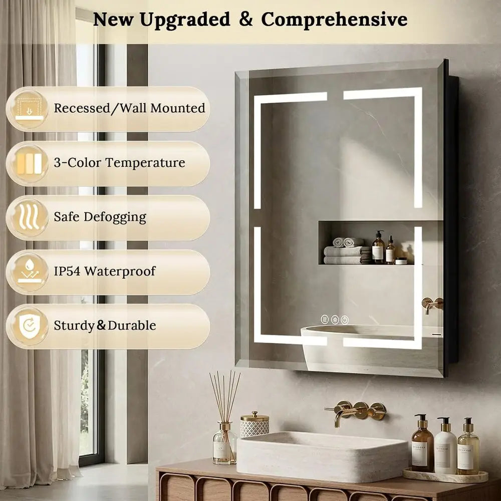 36"X30" Bathroom Medicine Cabinet with Mirror, LED Lighted Medicine Cabinet with Anti-og, 3 ColTemperature SteplDimmable, Metal