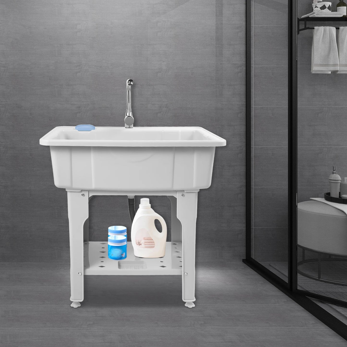 Upgraded 70kg Capacity Laundry Sink, 360° Rotatable Hot/Cold Faucet & Movable Board, Freestanding Plastic Utility Tub