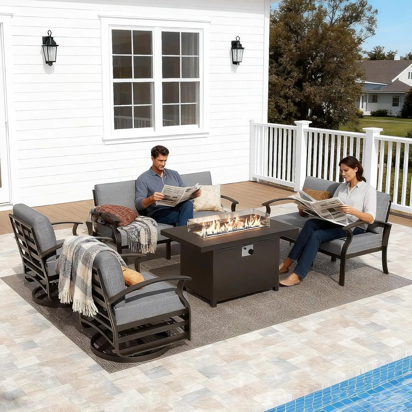 Aluminum Patio Furniture Set with Fire Pit Table, Metal Patio Furniture with 2 Swivel Rocking Chairs Waterproof, Customized