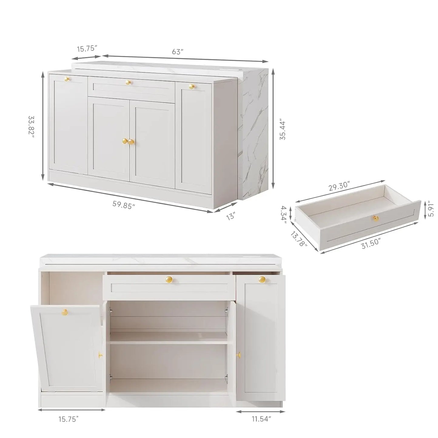 63" Kitchen Island with Storage, Island Table with Power Outlet & Trash Cabinet, Kitchen Island with Marble Countertop, Custom