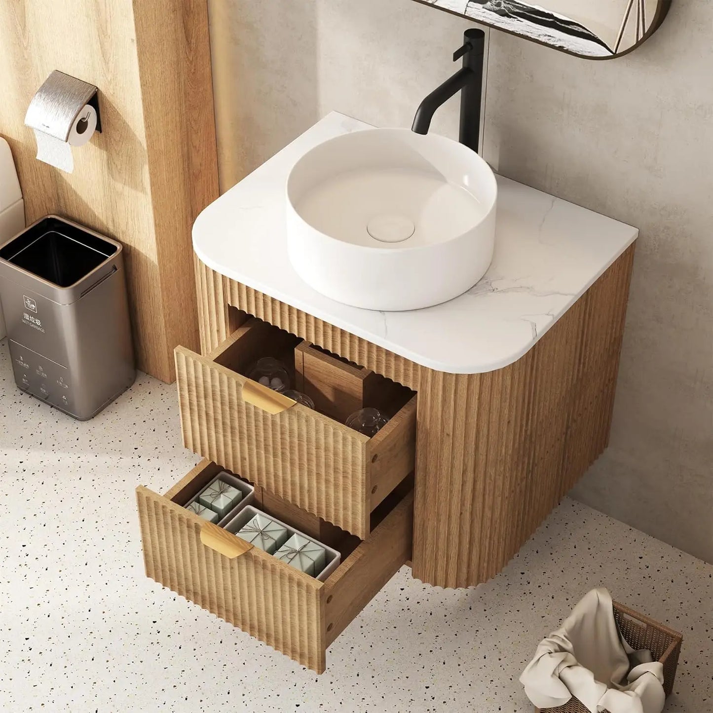 24" Floating Bathroom Vanity Ceramic Sink Combo Fluted 2 Storage Drawers Wall Mounted Natural Wood Grain, Customized