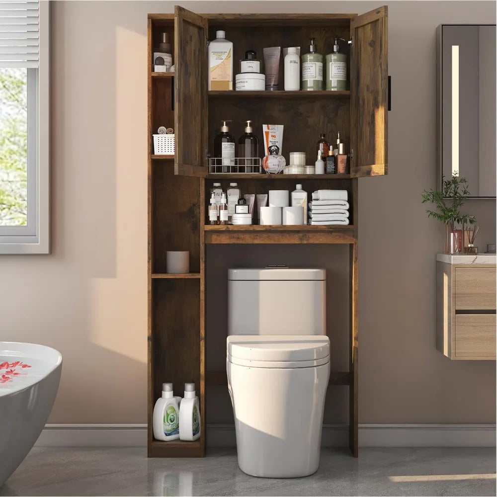 Over The Toilet Storage Cabinet with 7 Storage Shelves, Above Toilet Bathroom Organizer with Toilet Paper Holder Stand, Behind T