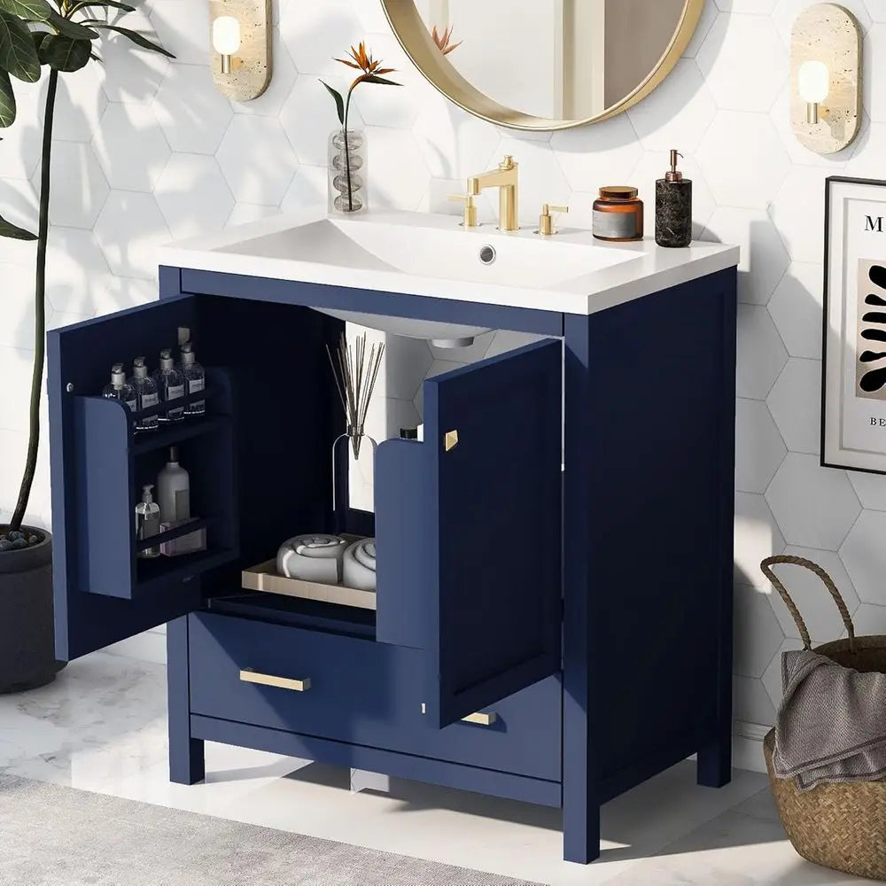 30 Solid Wood Blue Bathroom Vanity with Single Sink, Undermount Combo Cabinet, 2 Doors, Soft Close, Multifunctional Storage