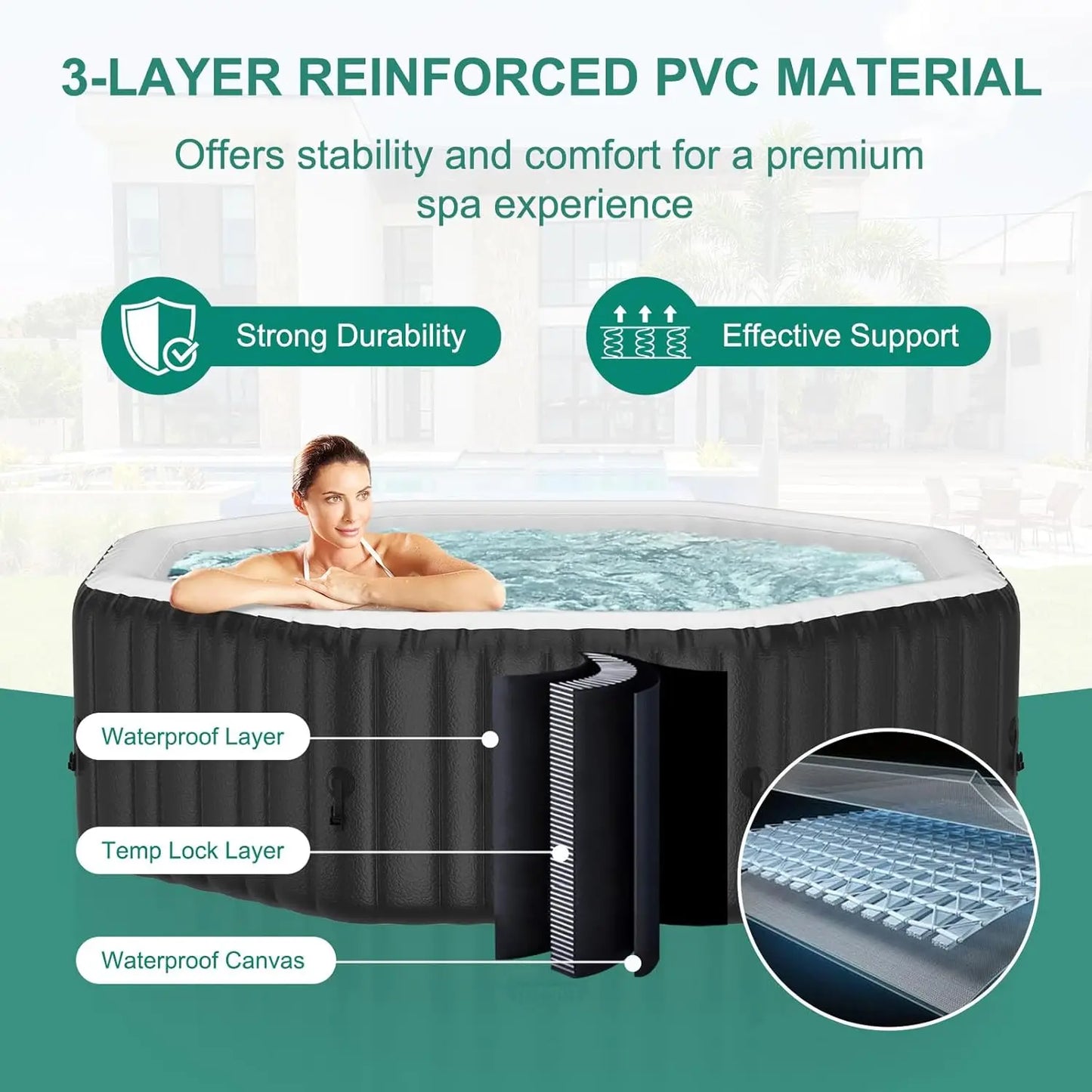 4-6 Person Inflatable Hot Tub, 77" X 77" X 25" Octagonal Portable Hot tub with 130 Bubble Jets, Large Outdoor Spa, Customized