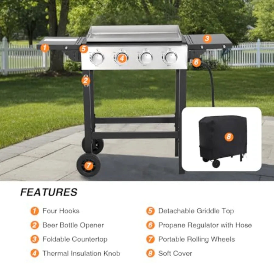 4-Burner Propane Gas Griddle with Foldable Side Tables and Wheels 40 000 BTUs 291 sq.in Cooking Area Outdoor Flat Top Grill for