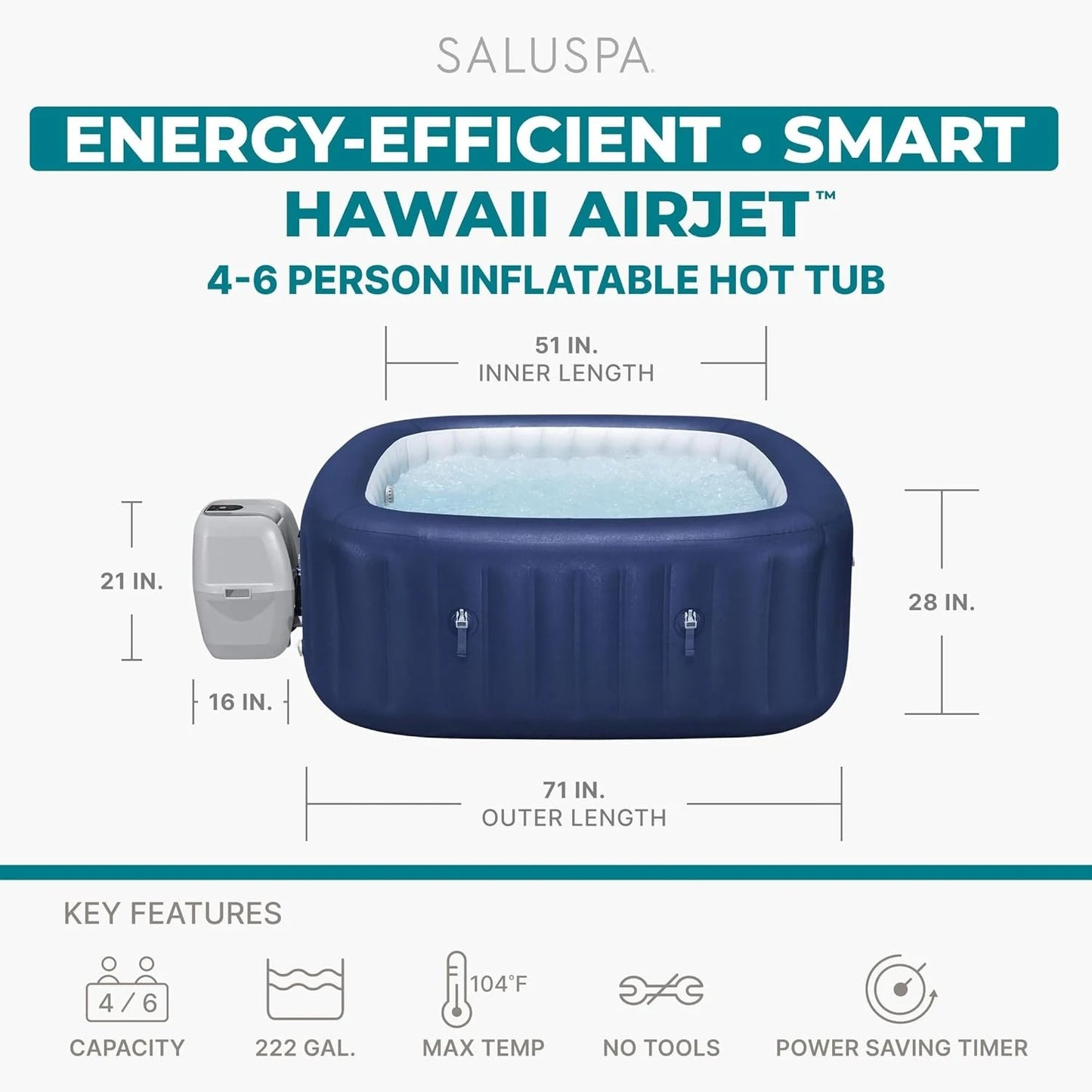 SaluSpa Hawaii 4 to 6 Person Inflatable Hot Tub, Square Energy-Efficient Portable Outdoor Spa with 140 AirJets, 71", Customized
