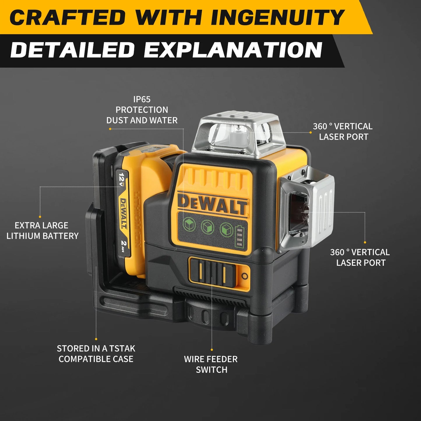 Dewalt DW089LG 12V Lithium Green Laser Level - 3 Sided 360° Vertical & Horizontal, 12 Line, Ideal for Indoor/Outdoor Projects