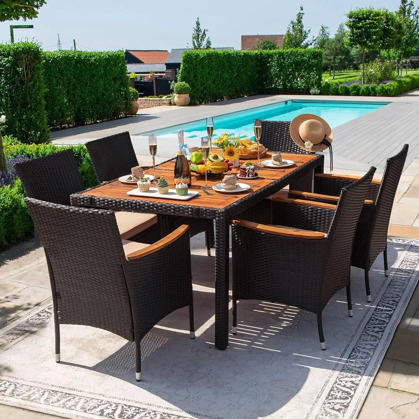 Dining 7 PCS Furniture, Patio Conversation Set with Acacia Wood Table Top, Outdoor, Beige Cushion and Black Rattan, Customized
