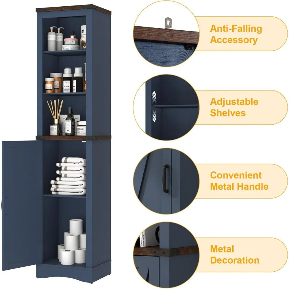 68 Tall Farmhouse Bathroom Storage Cabinet, 5-Shelf Storage Cabinet with Barn Door&Adjustable Shelves, Navy Blue