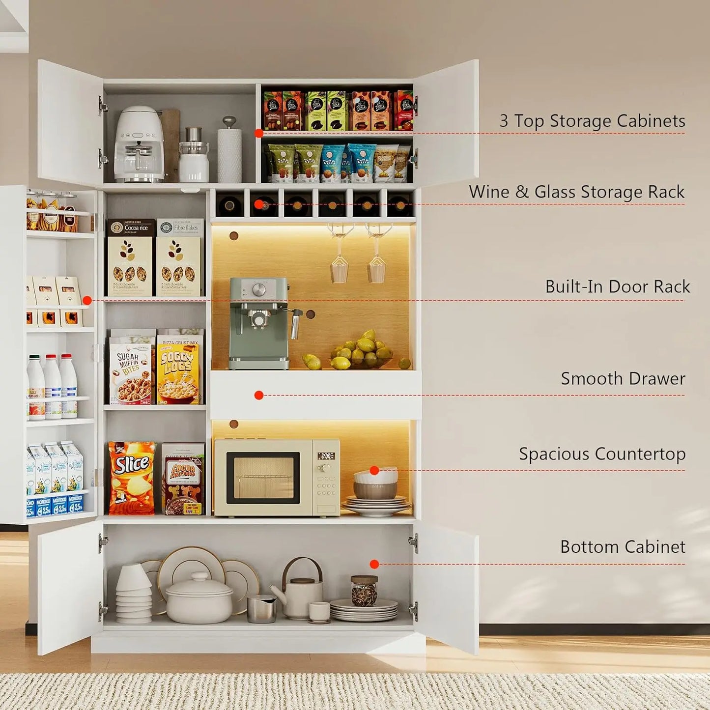 69 Tall Pantry Cabinet LED Light Microwave Stand Wine Rack Door Shelf Adjustable Drawer Charging Station White Custom