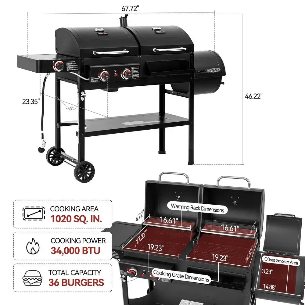 Gas and Charcoal Grill Combo with Offset Smoker amp Side Burner, 34,000 BTU Dual Fuel Grill, 1020 Sq. In. Cooking Area, Ideal f