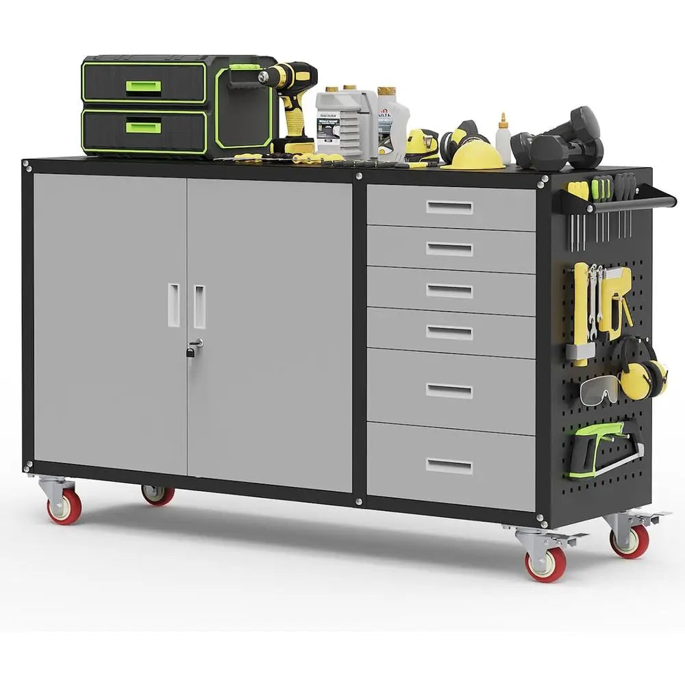 Heavy-Duty 55W Rolling Workbench with 1000 lbs Capacity, Lockable Storage Cabinet, Adjustable Shelves, and Pegboard for Garage/R