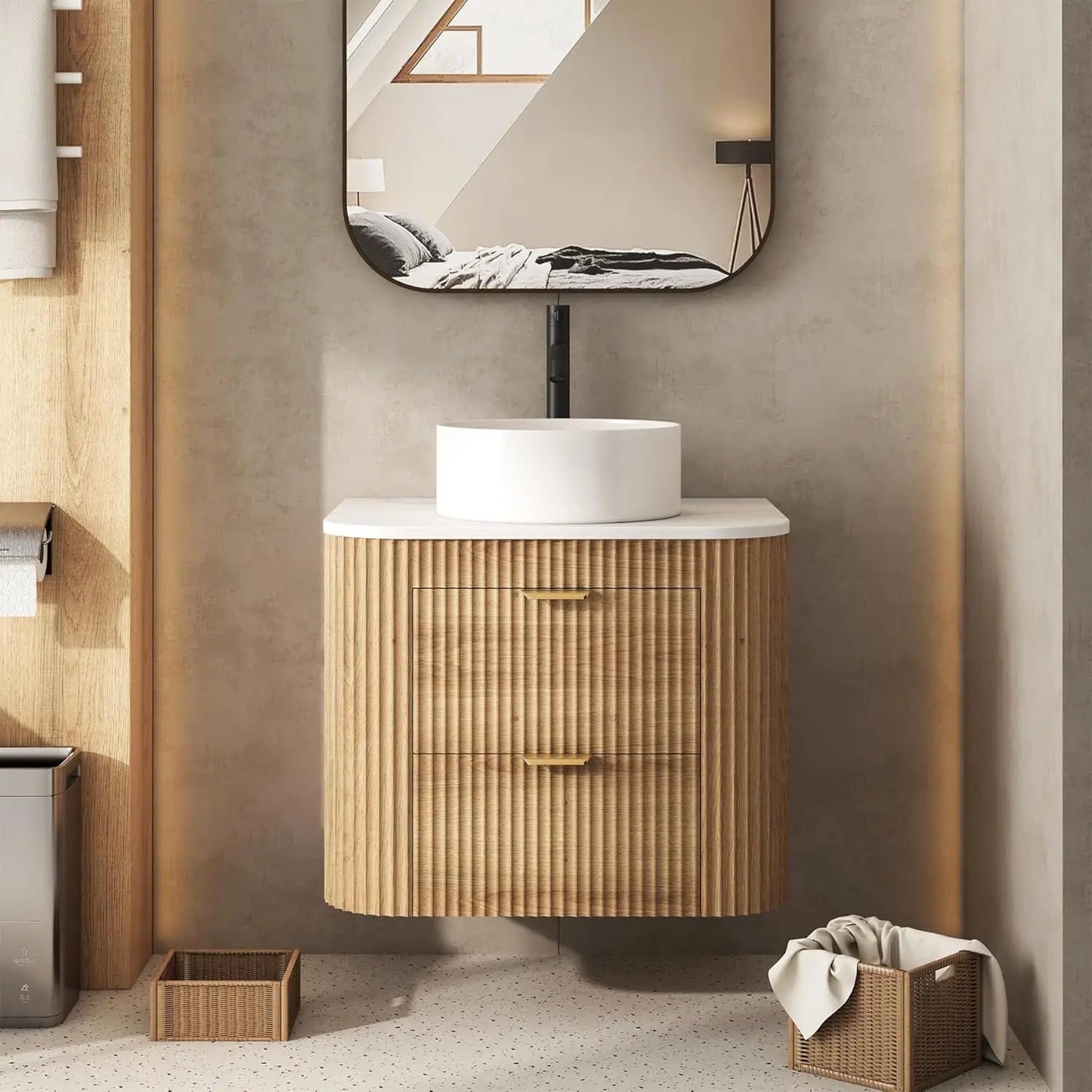 24" Floating Bathroom Vanity Ceramic Sink Combo Fluted 2 Storage Drawers Wall Mounted Natural Wood Grain, Customized