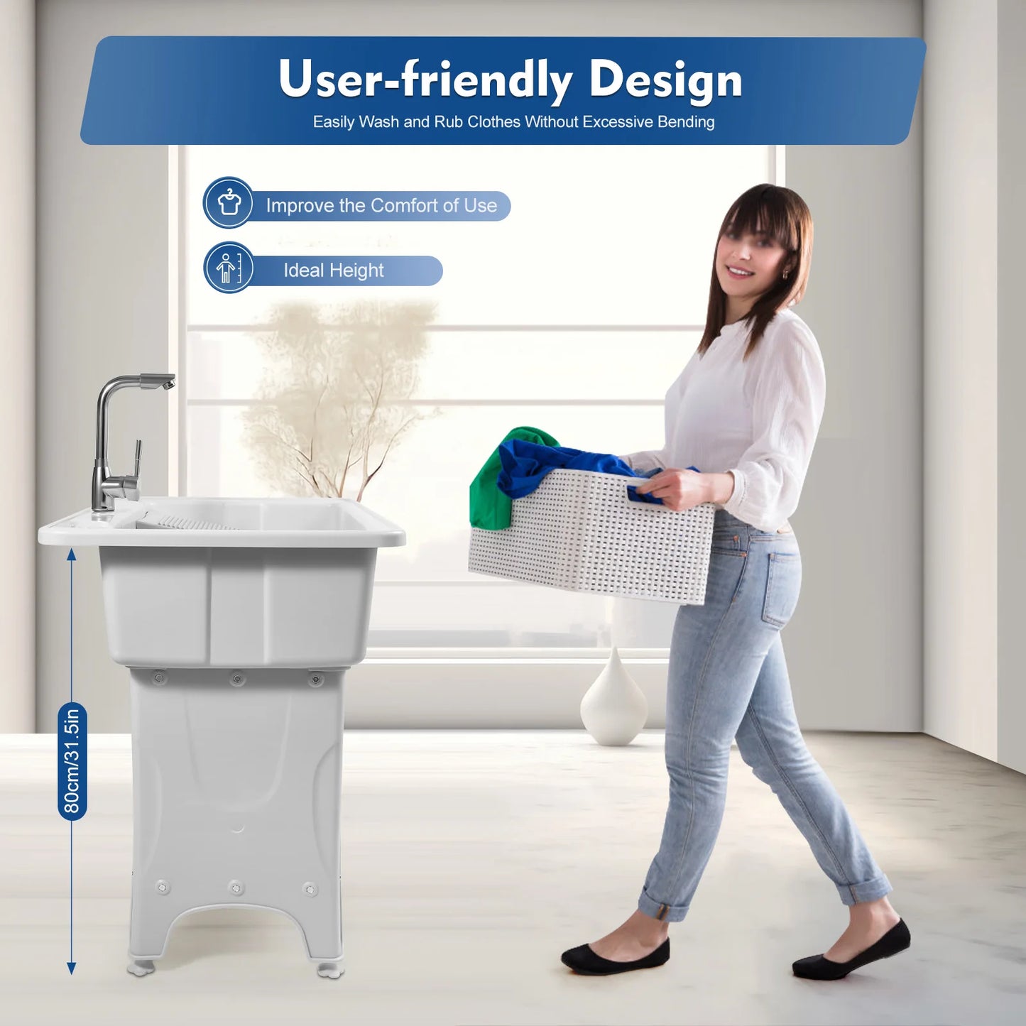Upgraded 70kg Capacity Laundry Sink, 360° Rotatable Hot/Cold Faucet & Movable Board, Freestanding Plastic Utility Tub