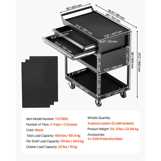 5-Tier Tool Chest 2-Drawer Rolling Tool Work Cart with Locking & Pegboard Tools Storage Organizer for Garage Warehouse