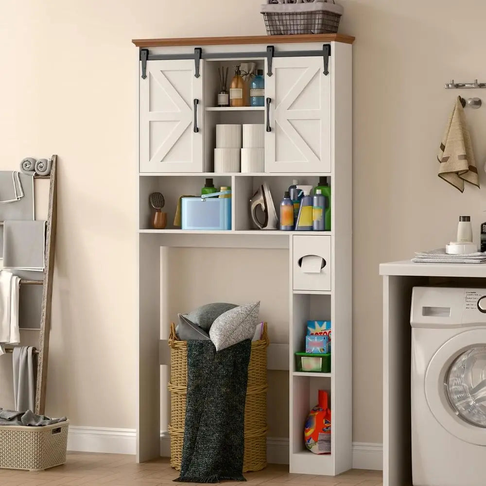 Space-Saving Toilet Storage Cabinet with Sliding Barn Doors, Bathroom Organizer featuring Toilet Paper Holder and Shelves for La