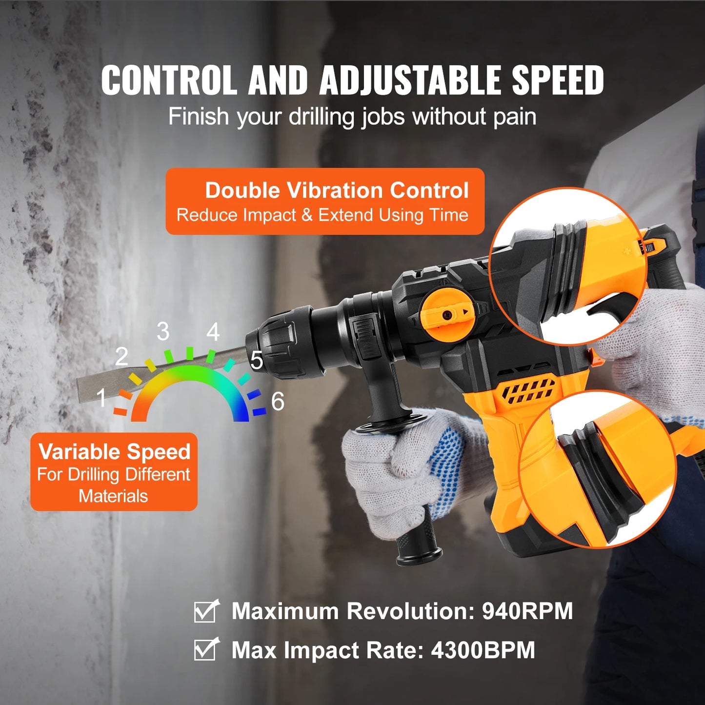 1500W Rotary Hammer Drill Max Drilling 32mm 4 Modes Plus Corded Demolition Chipping Metal Concrete Breaker Jackhammer