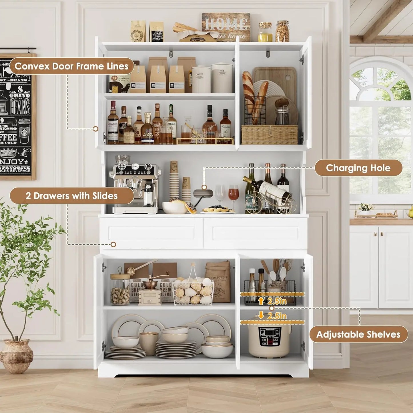 74" Pantry Cabinet, Tall Kitchen Pantry Cabinet with 6 Doors and 2 Drawers, Kitchen Hutch with Wide Countertop, Modern, Custom