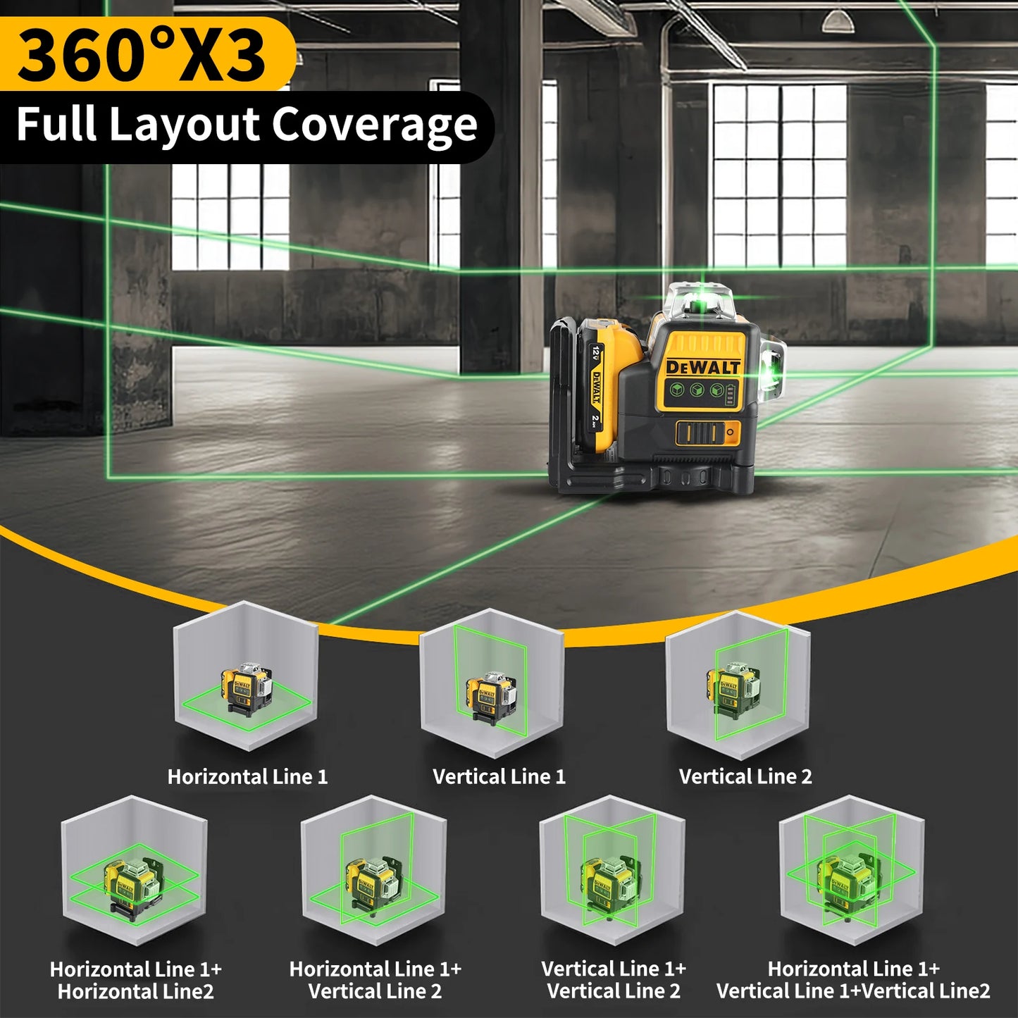 Dewalt DW089LG 12V Lithium Green Laser Level - 3 Sided 360° Vertical & Horizontal, 12 Line, Ideal for Indoor/Outdoor Projects