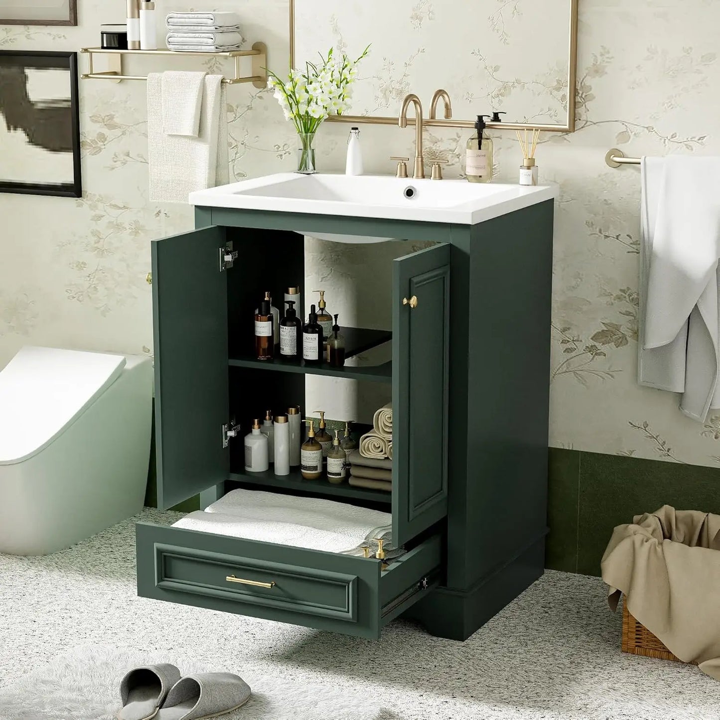 24in Wood Bathroom Vanity Cabinet with Ceramic Sink Adjustable Shelf Drawer, Customized