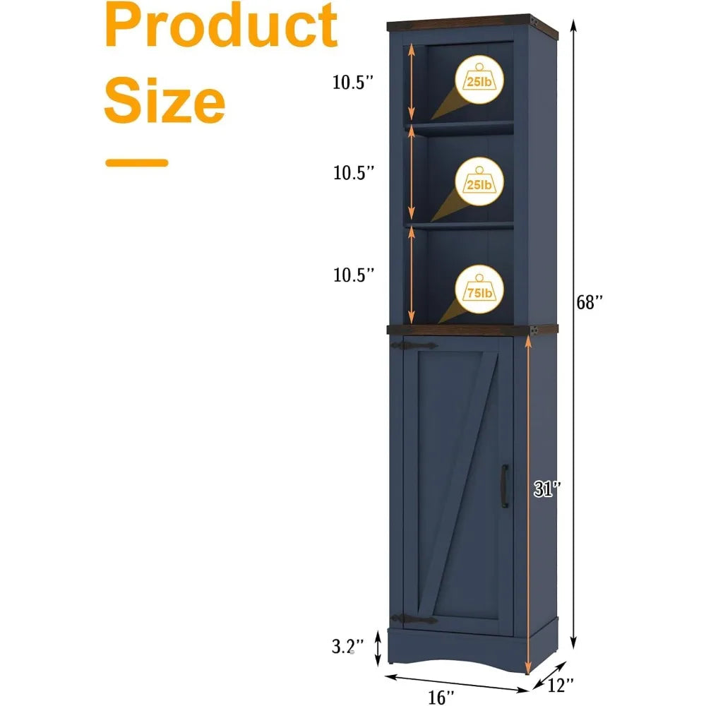68 Tall Farmhouse Bathroom Storage Cabinet, 5-Shelf Storage Cabinet with Barn Door&Adjustable Shelves, Navy Blue