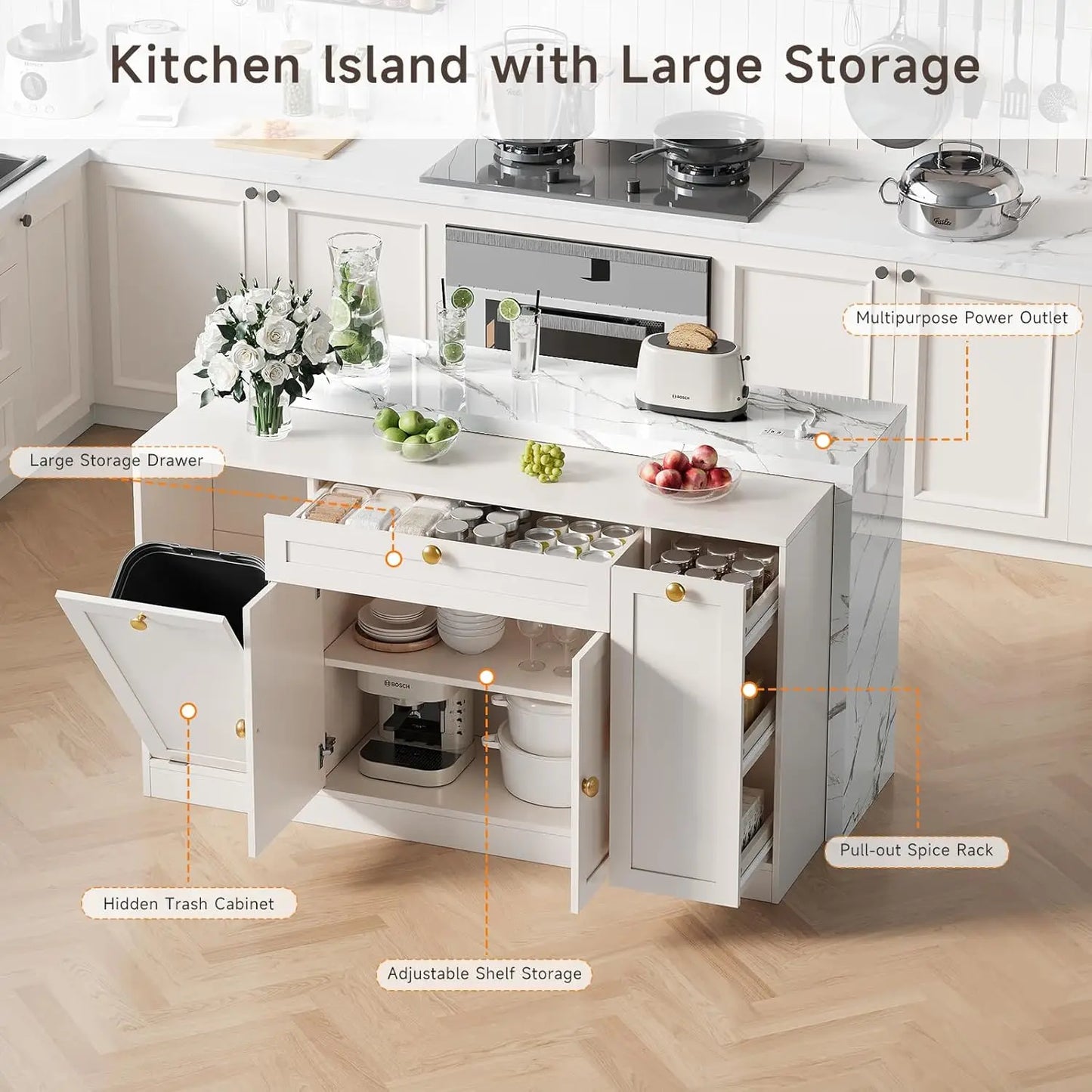 63" Kitchen Island with Storage, Island Table with Power Outlet & Trash Cabinet, Kitchen Island with Marble Countertop, Custom