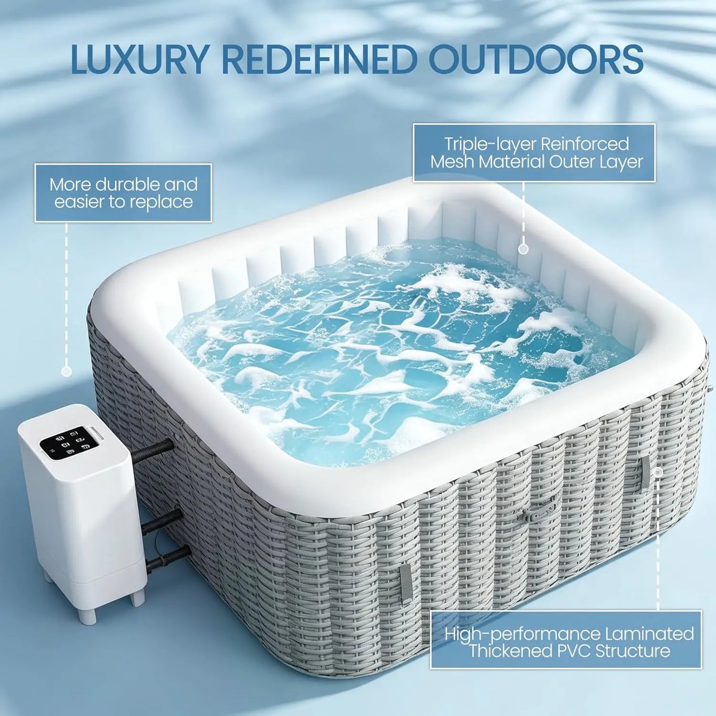 Inflatable Hot Tub Spa Set, Outdoor Bubble Massage Square Portable, 4-6 Person with External Pump, Custom