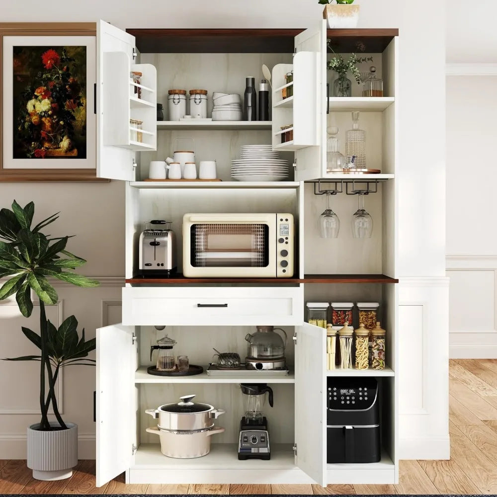71 Farmhouse Kitchen Pantry Cabinet with Hutch & Charging Station - 41.34 Wide Storage with Microwave Stand, Door Spice Racks fo