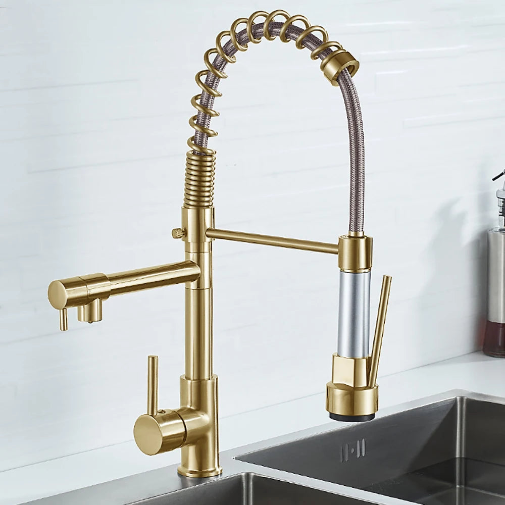 Black Brushed Spring Pull Down Kitchen Sink Faucet Hot & Cold Water Mixer Crane Tap with Dual Spout Deck Mounted