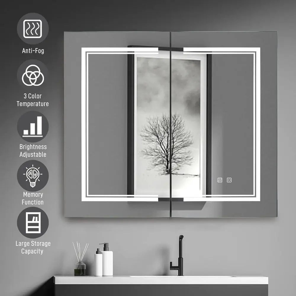 2-Door 32x28 LED-Illuminated Wall-Mounted Bathroom Cabinet with 3-Tier Storage, USB Charging, White