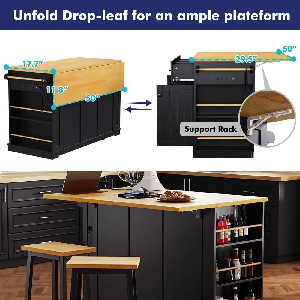 Mobile Rolling Kitchen Island Drop Leaf Storage Cabinets Power Outlet Seating 2 Bar Stools Large Table, Customized