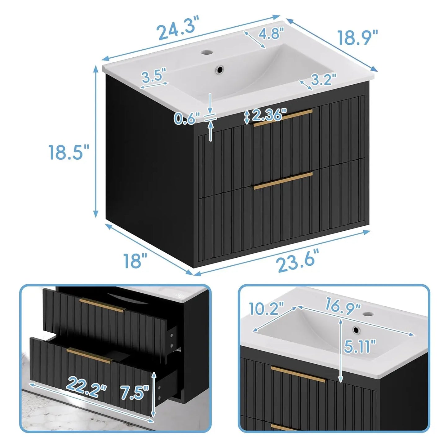 24'' Floating Bathroom Vanity Cabinet Sink Combo 2 Big Drawers Metal Handles Black, Customized