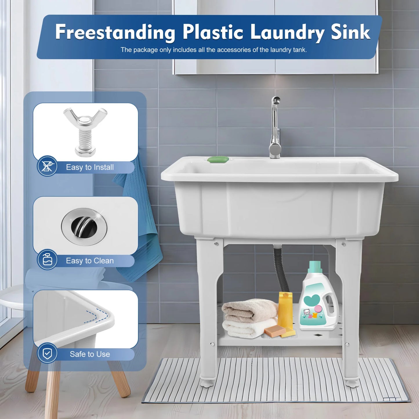 Upgraded 70kg Capacity Laundry Sink, 360° Rotatable Hot/Cold Faucet & Movable Board, Freestanding Plastic Utility Tub