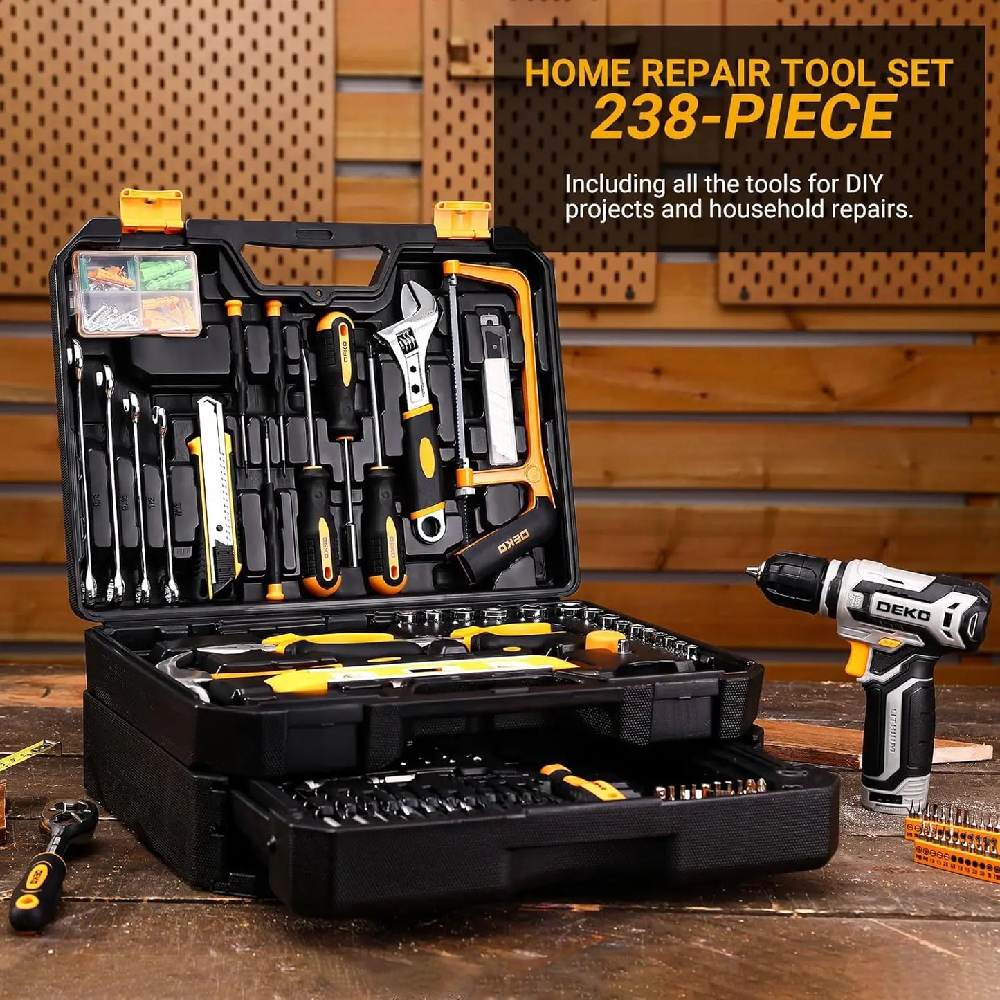 Home Mechanic Toolbox with 12V Power Cordless Drill Hand Repair Tools Sets Combo Kits Storage Organizer Drawer Case