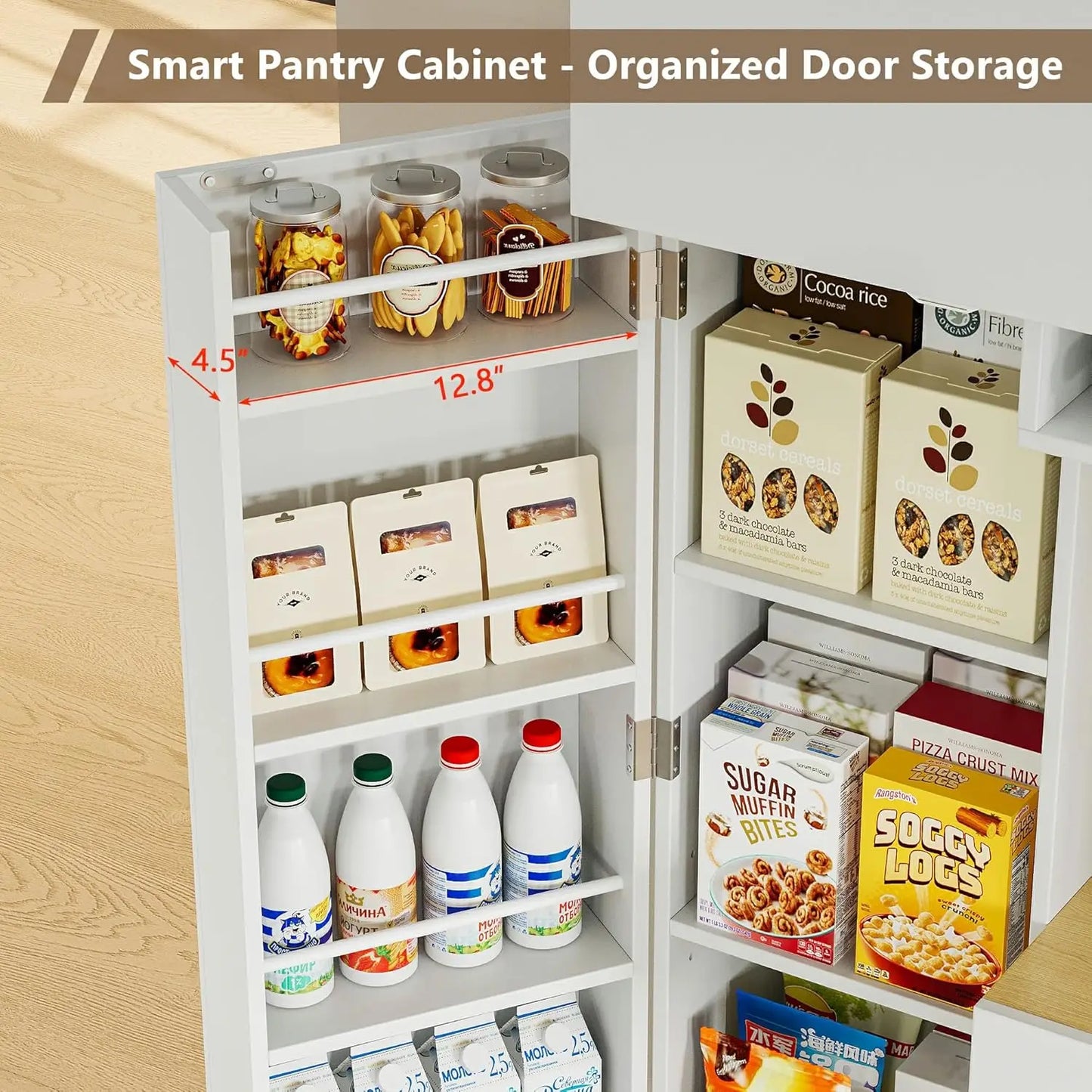 69 Tall Pantry Cabinet LED Light Microwave Stand Wine Rack Door Shelf Adjustable Drawer Charging Station White Custom