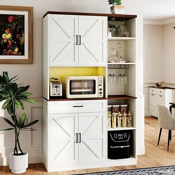 71 Farmhouse Kitchen Pantry Cabinet with Hutch & Charging Station - 41.34 Wide Storage with Microwave Stand, Door Spice Racks fo