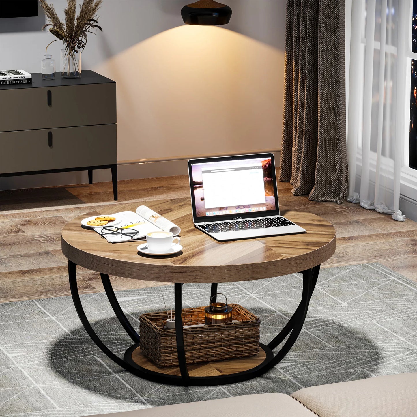 Tribesigns 31.7" Round Coffee Table, Industrial 2-Tier Circle Coffee Table with Storage Shelves, Modern Wooden Sofa Side Table